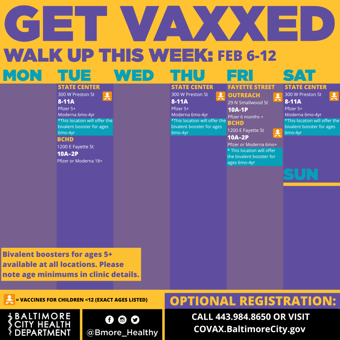 Week of February 6th-12th mobile vaccination clinic schedule in English